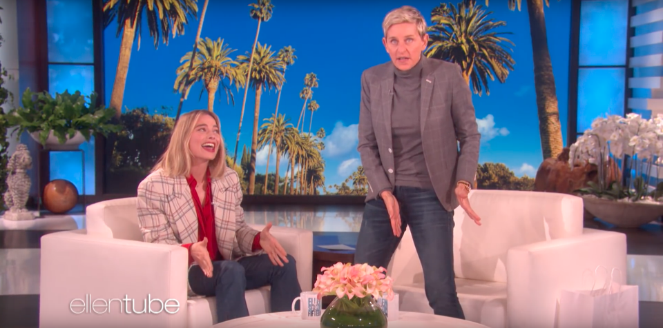 Ellen got up to show the audience just how short Tom's bike shorts were in a hilarious reenactment. Source: Supplied