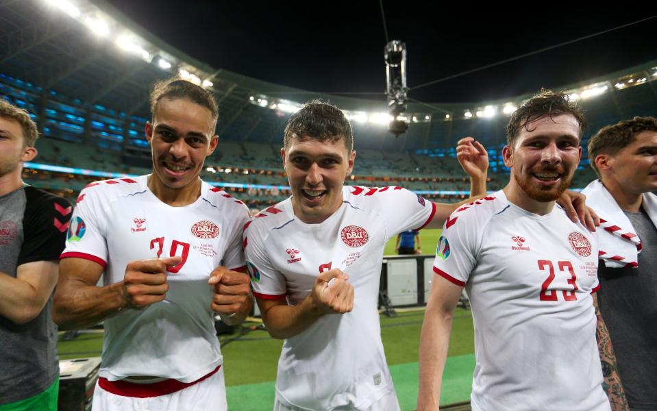 Denmark players celebrate after beating the Czech Republic - GETTY IMAGES