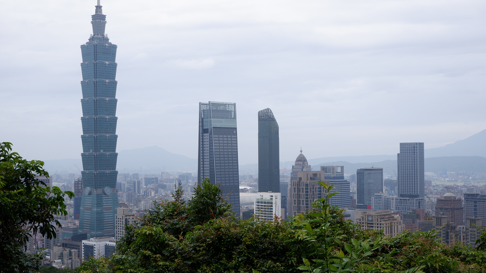 The Taipei 101 building and Taipei skyline in Taiwan.