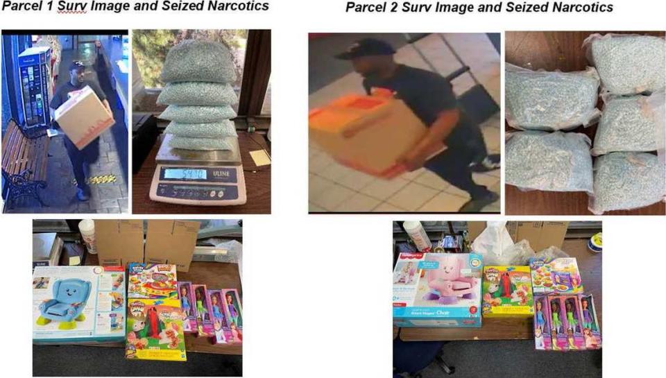 In images compiled in a federal criminal complaint unsealed Thursday, June 1, 2023, fentanyl-laced pills are seen in bulk along with suspects transporting packages and the contents of the packages, which included children’s toys, used to ship narcotics as part of an alleged drug ring operated from Sacramento. Five people, including two members of the Oak Park Bloods, were arrested in connection with the ring that authorities say shipped fentanyl across the United States.