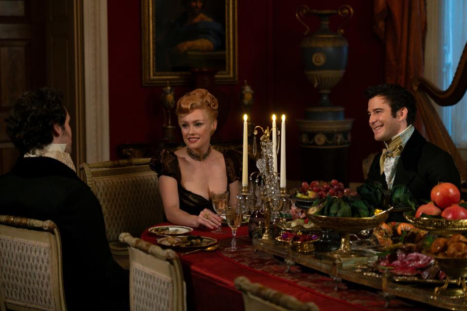 From left: Lucas Aurelio as Paul Suarez, Hannah New as Lady Tilley Arnold, and Luke Thompson as Benedict Bridgerton in episode 306