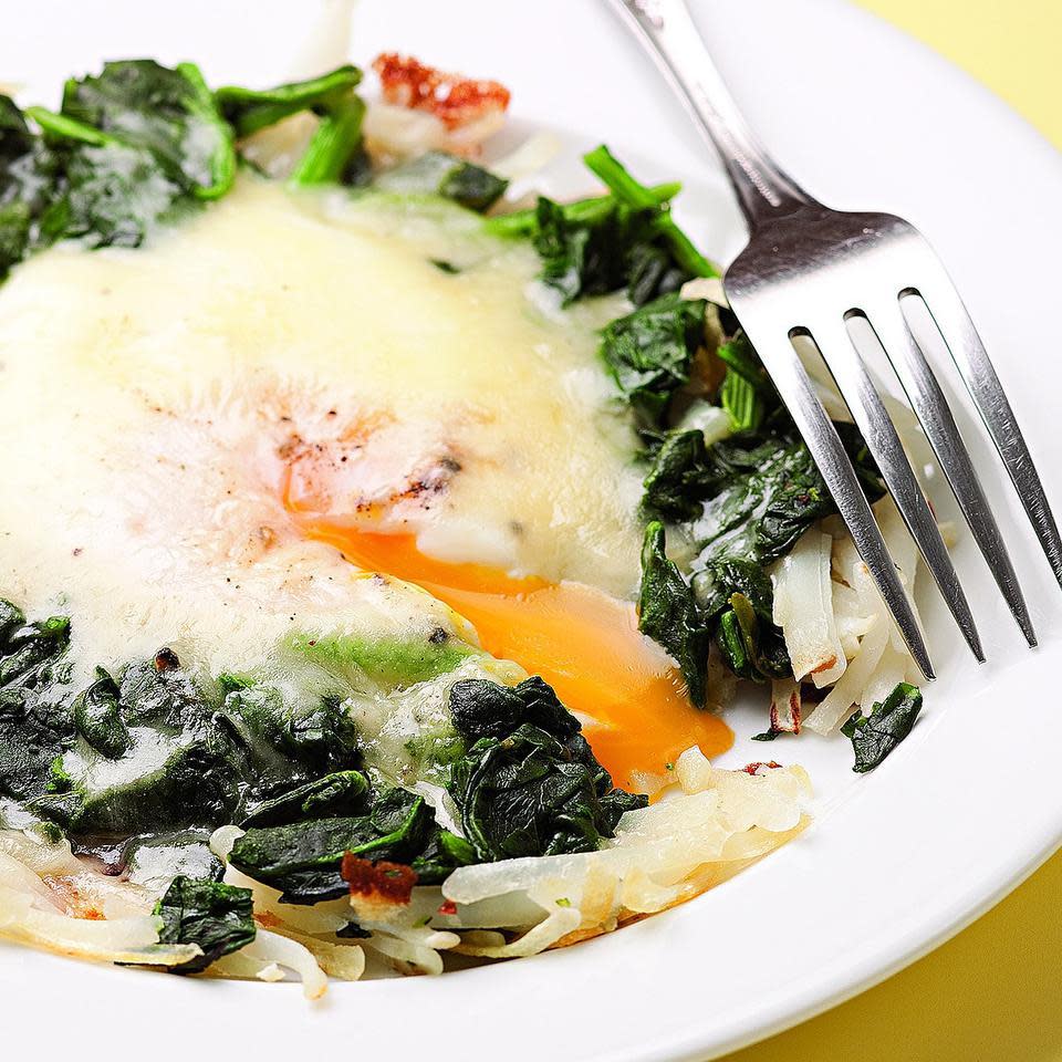 <p>Here's a super-quick all-in-one-skillet breakfast to start your day, loaded with hash browns, spinach, egg and cheese.</p> <p> <a href="https://www.eatingwell.com/recipe/250134/florentine-hash-skillet/" rel="nofollow noopener" target="_blank" data-ylk="slk:View Recipe" class="link ">View Recipe</a></p>