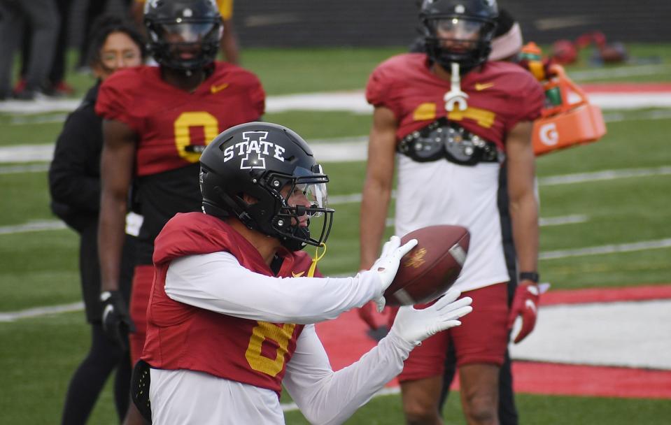 Iowa State wide receiver Xavier Hutchinson (8) catches a pass during spring practice in 2022