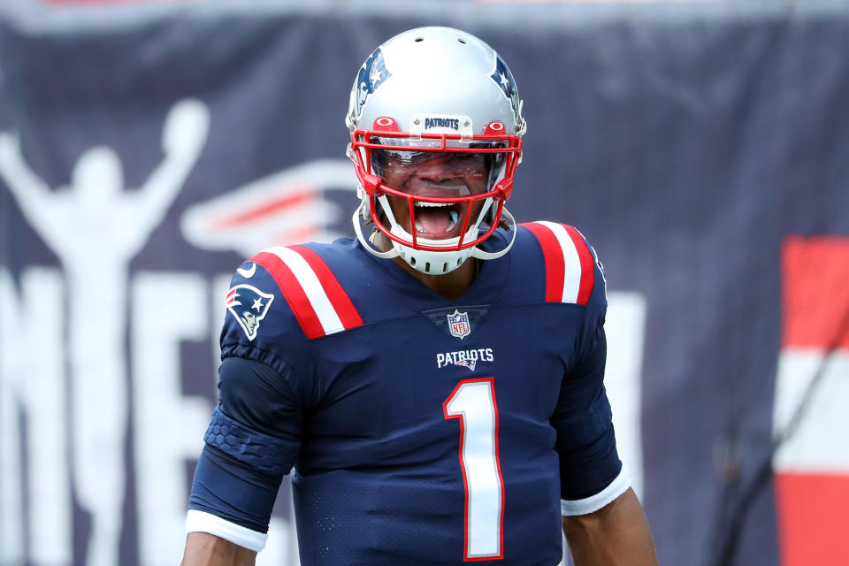 Cam Newton is golden in his first Patriots pregame outfit. (Photo by Maddie Meyer/Getty Images)