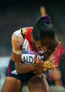 LONDON, ENGLAND - AUGUST 05: Yamile Aldama of Great Britain reacts in the Women's Triple Jump Final on Day 9 of the London 2012 Olympic Games at the Olympic Stadium on August 5, 2012 in London, England. (Photo by Alexander Hassenstein/Getty Images)