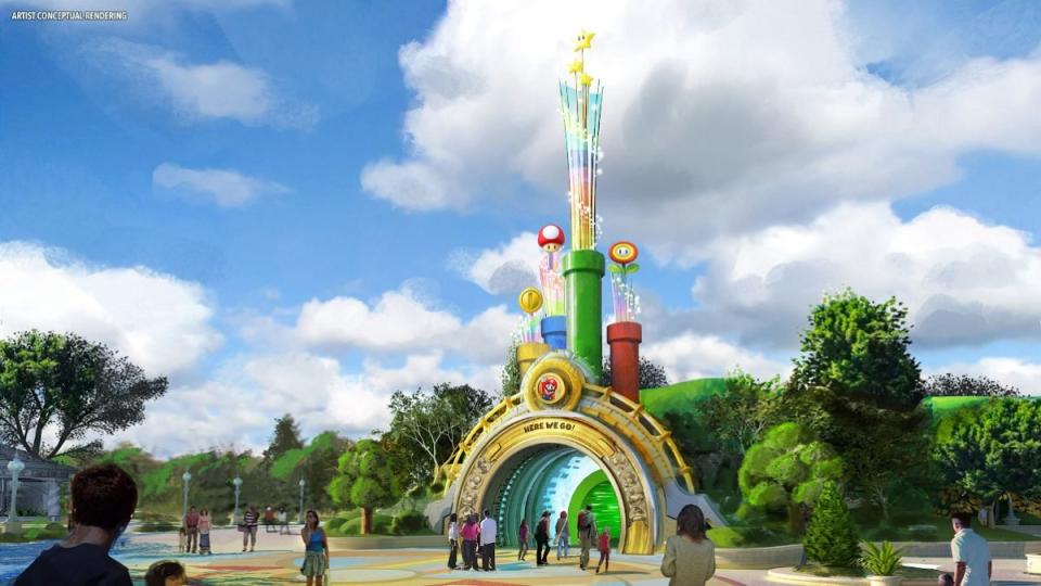Concept art of the green pipe portal into Super Nintendo World at Epic Universe's Super Mario Land