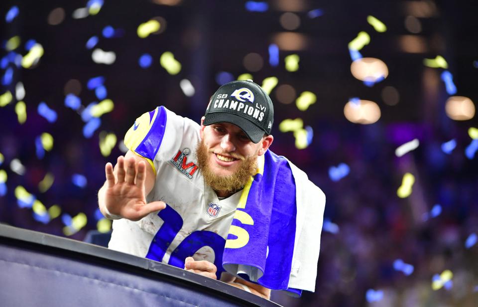 Seen here, Suoer Bowl MVP Cooper Kupp waving to fans after the Los Angeles Rams beat the Cincinnati Bengals 23-20. 