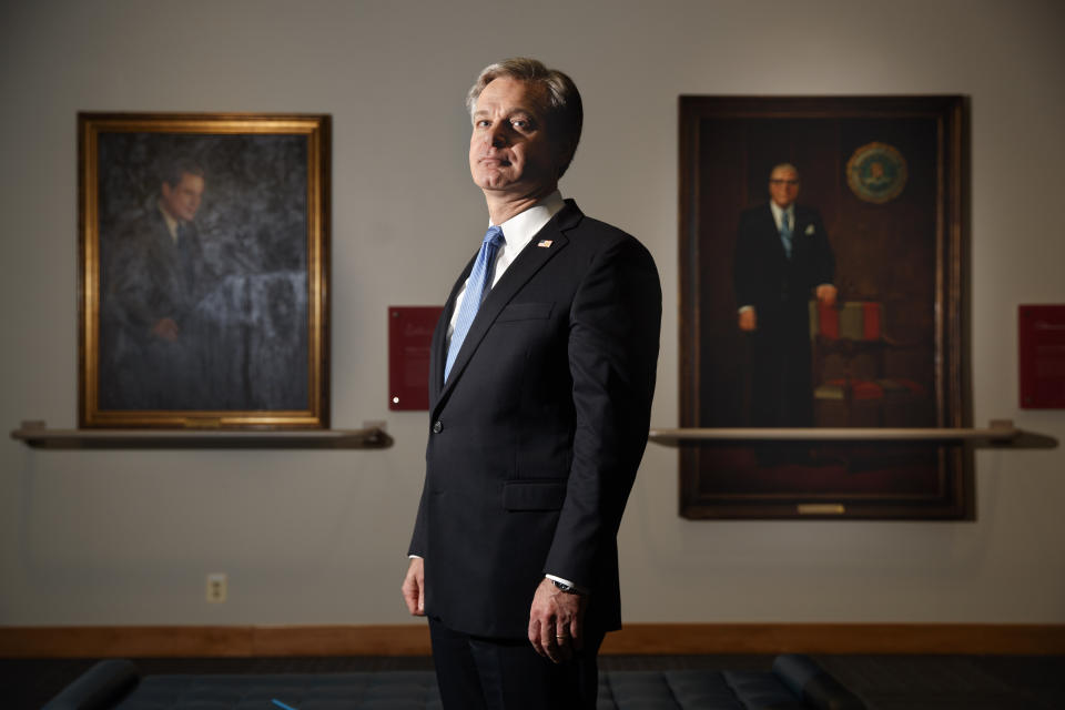 FBI Director Christopher Wray poses for a photo after an interview with The Associated Press, Monday, Dec. 9, 2019, in Washington. Wray says the problems found by the Justice Department watchdog examining the origins of the Russia probe are “unacceptable." (AP Photo/Jacquelyn Martin)