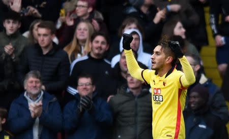 Britain Football Soccer - Watford v Leicester City - Premier League - Vicarage Road - 19/11/16 Watford's Roberto Pereyra celebrates scoring their second goal Action Images via Reuters / Alan Walter Livepic