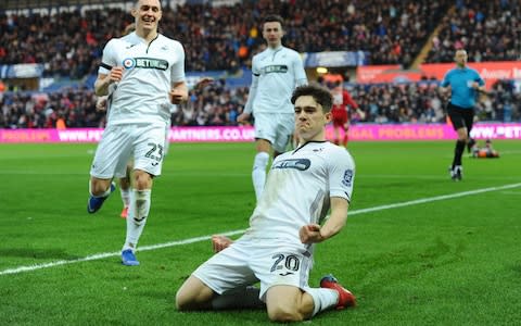 Daniel James of Swansea City celebrates scoring - Credit: getty images