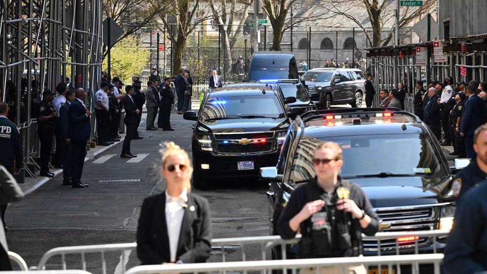 The motrcade of former President Donald Trump arrives ahead of his arraignment at the Manhattan Federal Court in New York on April 4, 2023. Trump arrived for a historic court appearance in New York on Tuesday, facing criminal charges that threaten to upend the 2024 White House race.