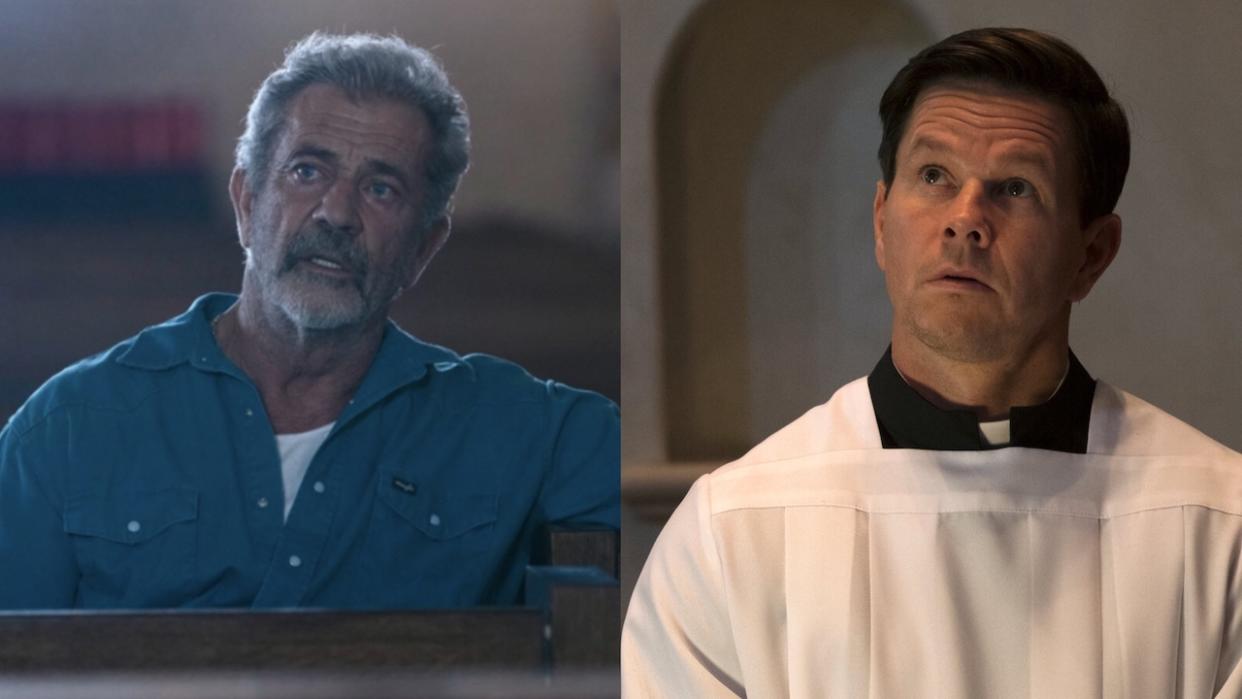  Side-by-side pictures of Mel GIbson and Mark Wahlberg in Father Stu 