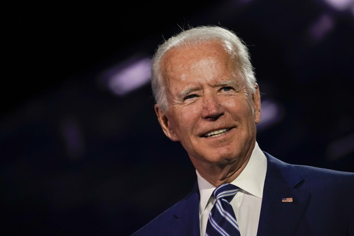 Former Vice President Joe Biden, Democratic presidential nominee, stands on stage during the Democratic National Convention at the Chase Center in Wilmington, Delaware, U.S., on Wednesday, Aug. 19, 2020. (Stefani Reynolds/Bloomberg via Getty Images)