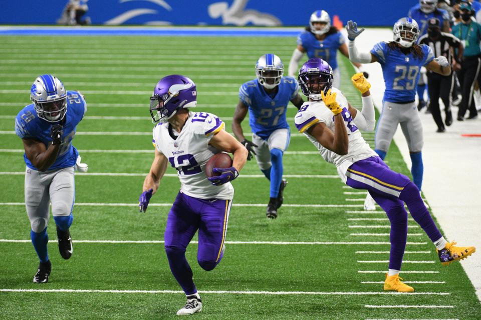 Minnesota Vikings receiver Chad Beebe runs for a touchdown against the Detroit Lions during the second quarter at Ford Field, Jan. 3, 2021.