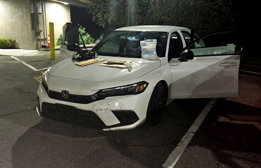 A mother’s vehicle is seen in Mill Valley after it was stolen in Oakland with her toddler still inside. (Image via Marin County Sheriff’s Office)