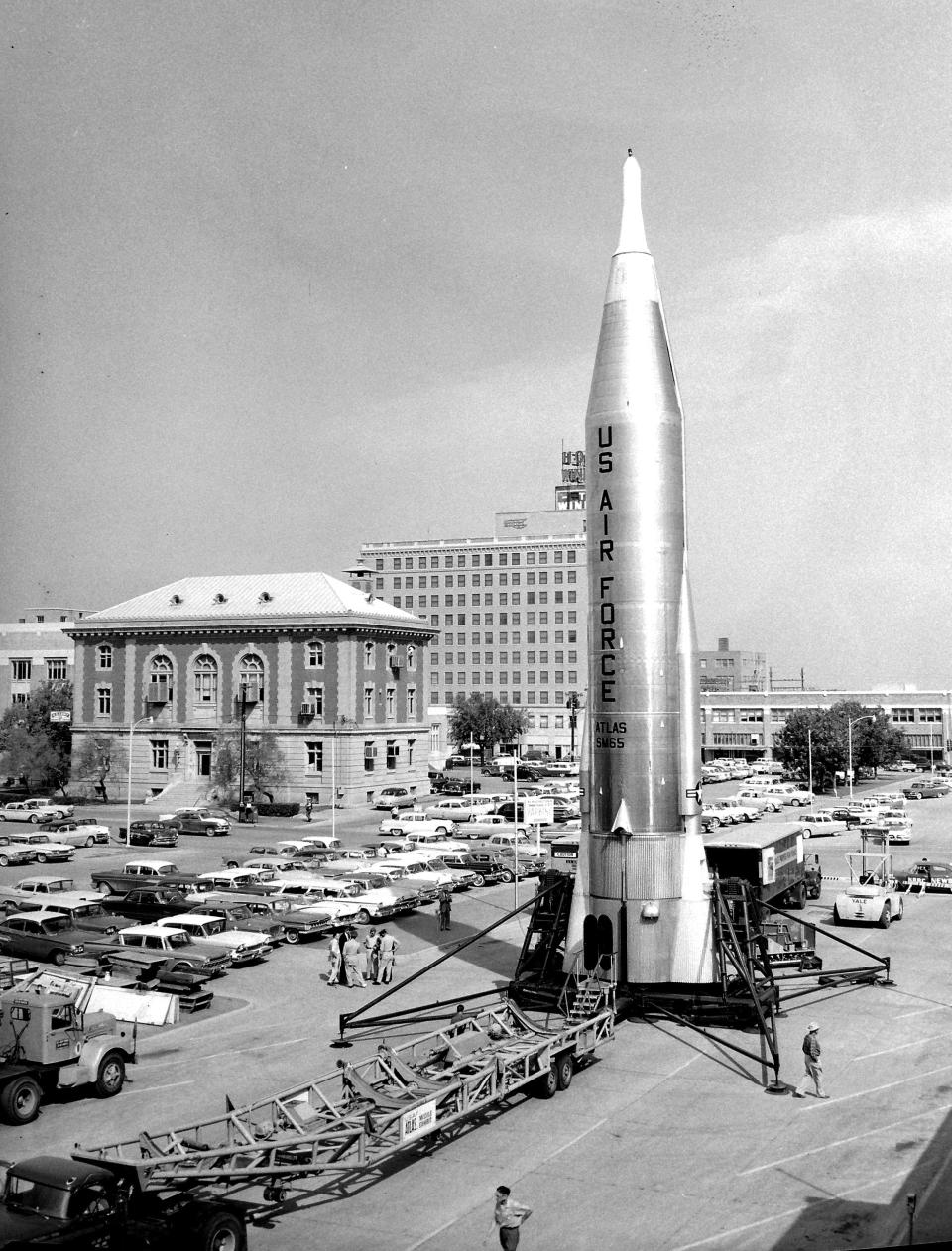 A mock-up of an Atlas missile is displayed in the 200 block of Walnut Street in Abilene Oct. 2, 1960. The unit remained "open for inspection" for the curious to investigate. Abilene was surrounded by a ring of 12 Atlas Intercontinental Ballistic Missile silos in the early 1960s.