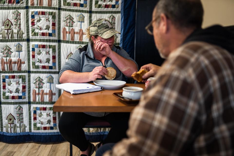 Shannon's Home Cooking owner Shannon Greathouse breaks down crying late in the afternoon Oct. 20, 2021, after a hard day of firing an employee, having another quit and having two call in sick for the day. "I'll just work. I'll work until midnight tonight because I didn't get a lot of stuff done today. I'll start over tomorrow. I don't know if I'll ever look forward to the next day because I always try to do that and have expectations for the next day and that's not good, either."