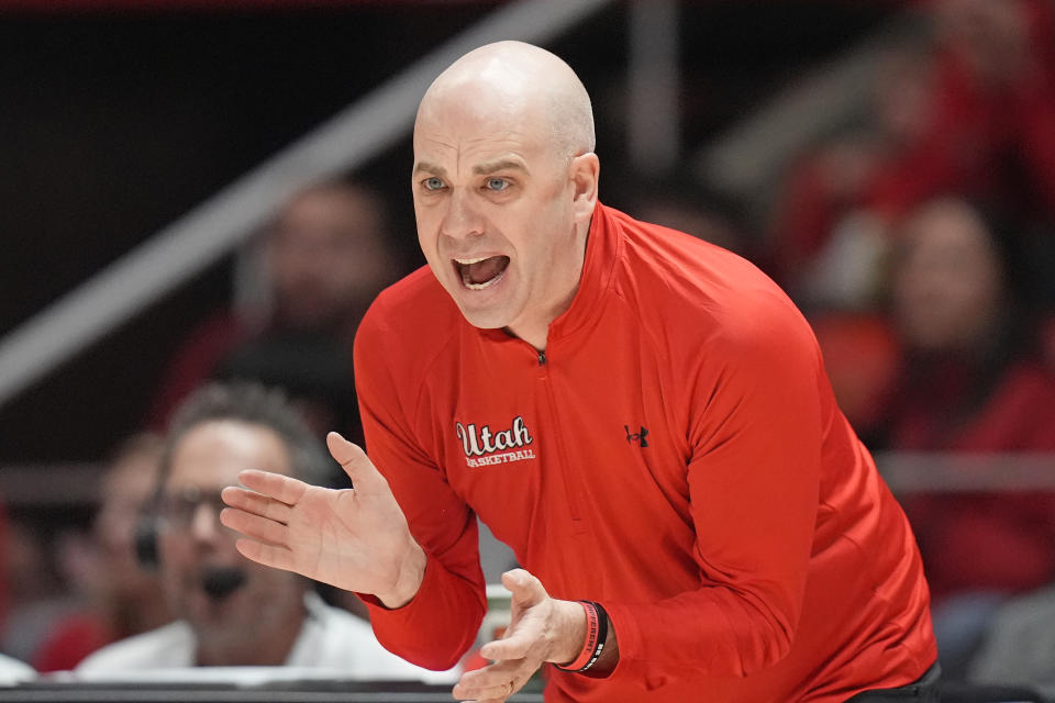 Utah head coach Craig Smith directs his team during the first half of an NCAA college basketball game against Colorado, Saturday, Feb. 3, 2024, in Salt Lake City. (AP Photo/Rick Bowmer)