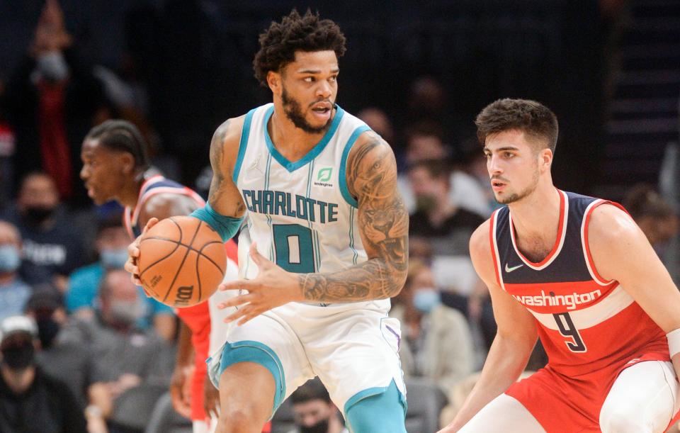 Miles Bridges (0) has emerged as a key scorer and playmaker for the surprising Hornets.
