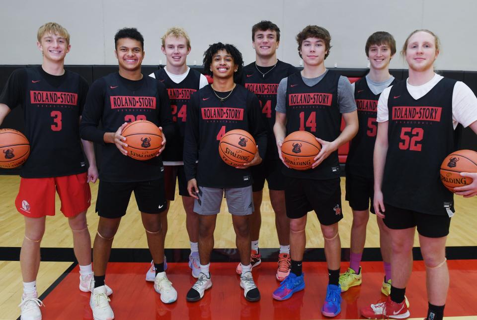 Roland-Story brings back (from left) Ben Greenfield, Jonovan Wilkinson, Kale Lande, Isaiah Naylor, Luke Patton, Dillon Lettow, Boaz Clark and Nick Butler off last year's Class 2A state quarterfinalist entering the 2022-2023 boys basketball season.