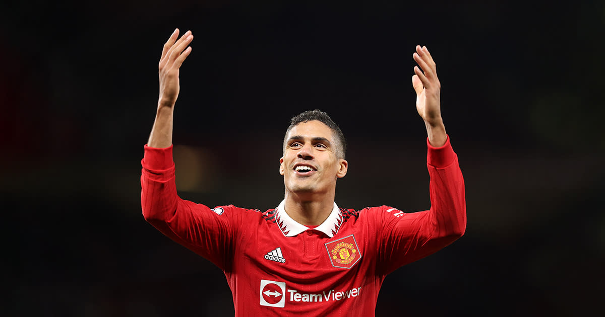  Manchester United defender Raphael Varane celebrates after their sides victory during the Premier League match between Manchester United and Tottenham Hotspur at Old Trafford on October 19, 2022 in Manchester, England 