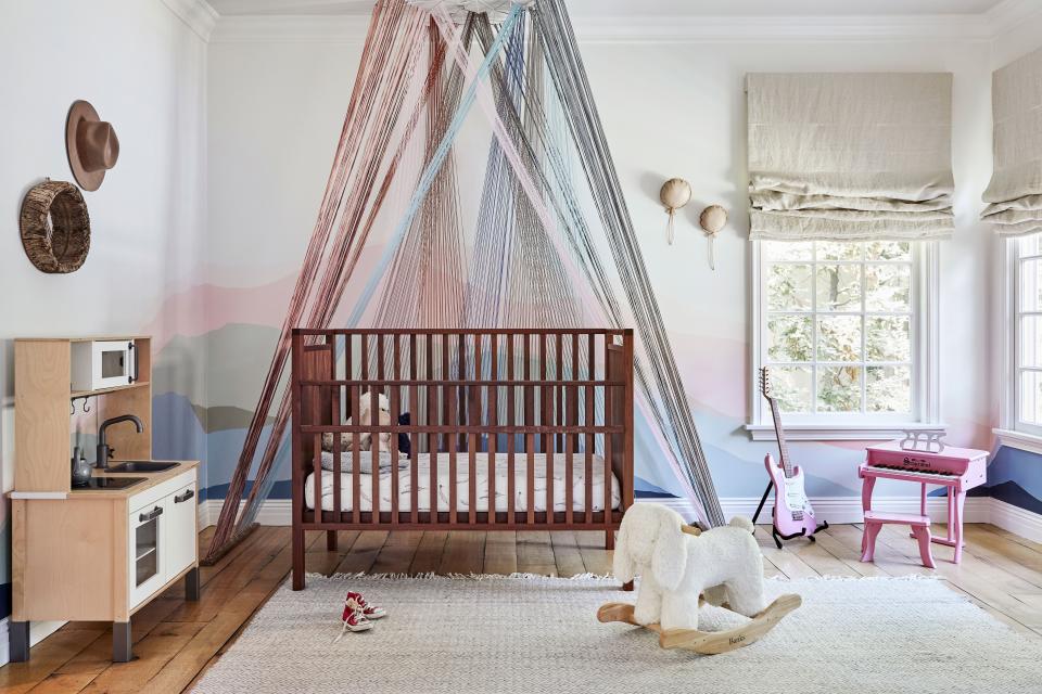 Duff’s daughter Banks’s nursery features a pastel mural and string installation by Laura Stewart. “When I first found out I was having a girl, I thought I was going to be a lot cooler than I was. But then, all of a sudden, it turned into a pink explosion in there,” says Duff. “Still, I have tried my best to keep it cool in there because I don’t really know who she’s going to grow up to be. Picking colors with Laura was a very fun, very collaborative process.” The hat on the wall hangs in anticipation. When a pregnant Duff saw that one of her favorite cowboy hats came in a kids’ version, she had to have it: “I can’t wait to be in a magic matching hats with my daughter!”