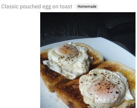 Two poached eggs on slices of toast, seasoned with pepper, on a plate, with text: 