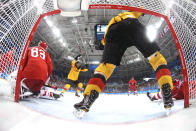 <p>Brooks Macek #12 and Patrick Hager #50 of Germany celebrate after a goal by teammate Felix Schutz #55 (not pictured) in the second period against Vasili Koshechkin #83 of Olympic Athlete from Russia during the Men’s Gold Medal Game on day sixteen of the PyeongChang 2018 Winter Olympic Games at Gangneung Hockey Centre on February 25, 2018 in Gangneung, South Korea. (Photo by Bruce Bennett/Getty Images) </p>