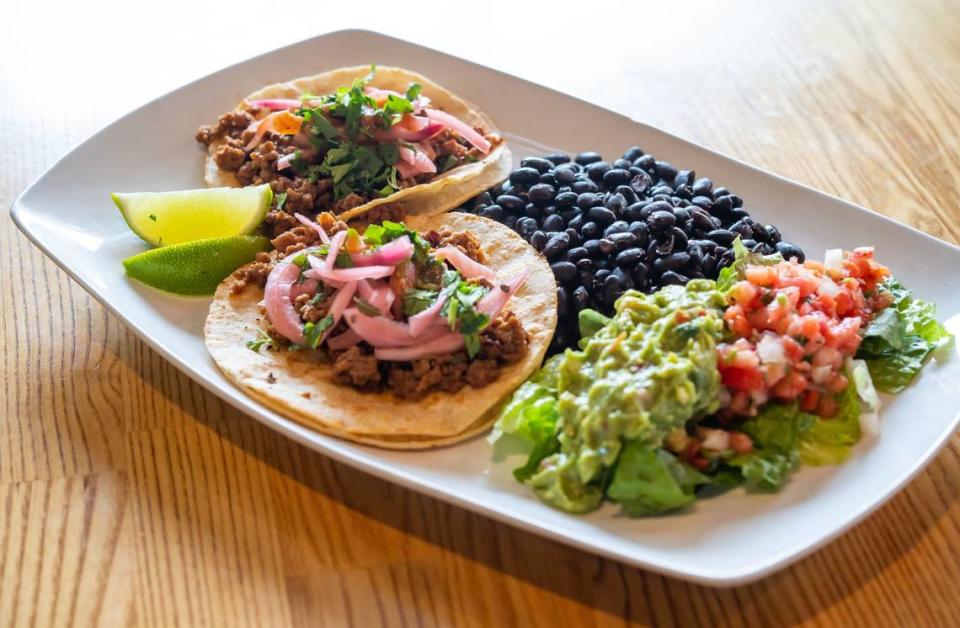 Mezcal Grill’s Impossible al pastor taco plate is photographed at their West El Camino Avenue location Friday, Oct. 28, 2022, in Sacramento.