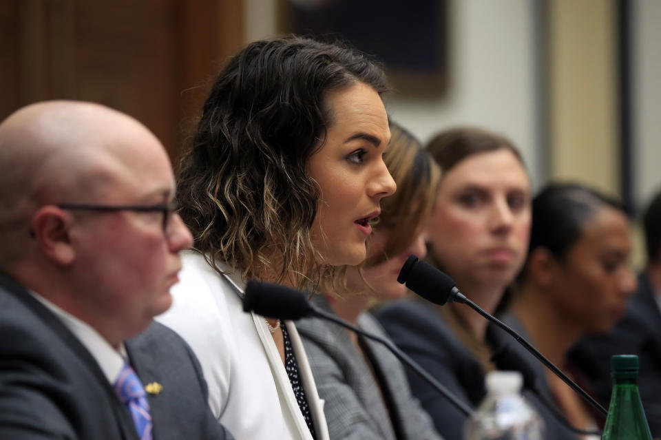 Army Capt. Alivia Stehlik, second from left, together with other transgender military members, from left, Navy Lt. Cmdr. Blake Dremann, Army Capt. Jennifer Peace, Army SSgt. Patricia King, and Navy Petty Officer Third Class Akira Wyatt, testify about their service before a House Armed Services Subcommittee on Military Personnel hearing on Capitol Hill in Washington, Wednesday, Feb. 27, 2019, as the Trump administration pushes to ban their service. Stehlik is a graduate of West Point and served in Iraq. Amid their annual vigils for transgender homicide victims, trans-rights activists in the U.S. are trying to maintain long-term optimism even as many hard-won protections are under threat. (AP Photo/Manuel Balce Ceneta)