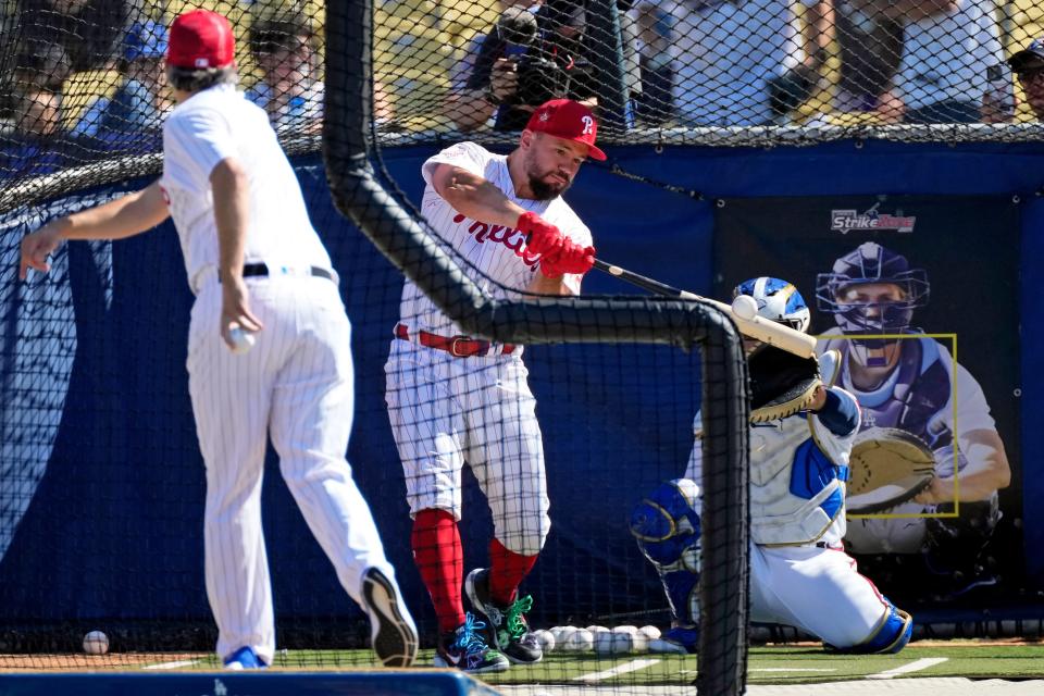 Philadelphia Phillies left fielder Kyle Schwarber (12) hits during All Star batting practice at Dodger Stadium in Los Angeles on July 18.