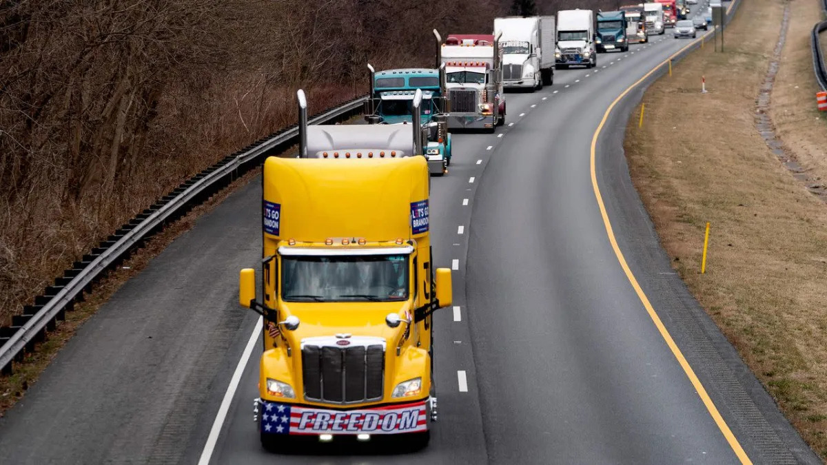 U.S. trucker convoy arrives and slows traffic on the Beltway near D.C.