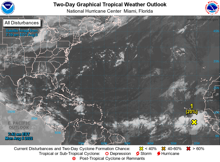 A satellite image from the National Hurricane Center shows the position of a tropical wave that could become a tropical depression this week.