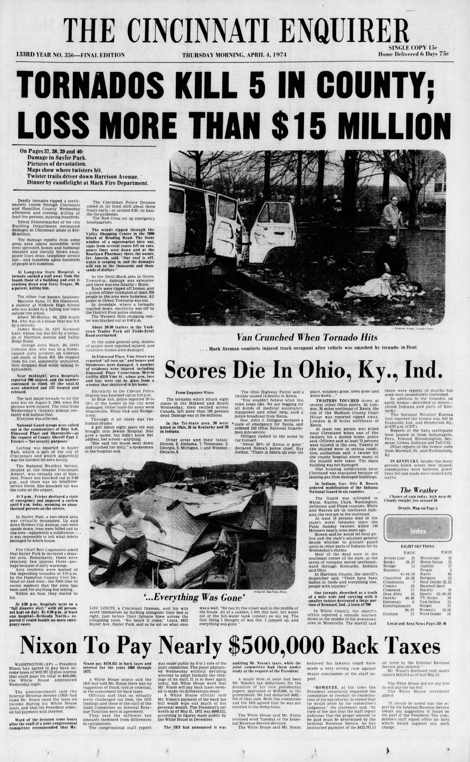 The front page of The Cincinnati Enquirer, April 4, 1974, reporting on the tornadoes in Xenia, Sayler Park and other sites in the region during the tornado outbreak.