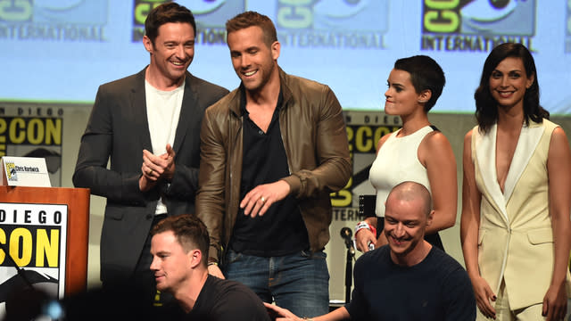 Gambit is in the house. <strong> Channing Tatum</strong>, who will star as the card-throwing mutant in an <em>X-Men</em> spinoff film, made a surprise appearance in Hall H on Saturday at the tale end of 20th Century Fox’s superhero heavy Comic-Con panel to take part in the world’s largest superhero group photo. Channing Tatum made a surprise cameo at the #XMenApocalypse/#Deadpool panel to join this superhero group photo. #SDCC pic.twitter.com/hblYjp8qOx— John Boone (@jtyboone) July 12, 2015 Tatum posed alongside <strong>Stan Le</strong>e, who was an equally welcomed surprise, and the casts of <em>X-Men: Apocalypse</em>, <em>Deadpool</em>, <em>Fantastic Four</em>, and <strong>Hugh Jackman</strong>, who re-confirmed the next <em>Wolverine </em>film will indeed be his last. <strong> WATCH: James McAvoy got into ‘Patrick Stewart Zone’ for new 'X-Men' film</strong> Earlier, during the <em>X-Men: Apocalypse</em> portion of the panel, so much juicy scoop was dropped on the fanboys and girls in attendance that we’ll just give you the highlights: -The <em>X-Men</em> section started with a video tribute looking back on the franchise and included Jackman’s original audition tape. "I know they killed off Wolverine in the comic books,” he said onstage afterward. “But in the movies that's not happening yet.” Hence, that last Wolverine movie. -We learned <em>Apocalypse</em> takes place 10 years after the events of <em>Days of Future Past</em> and, according to director <strong>Bryan Singer</strong>, mutants are now “accepted and widely embraced by society.” In another interesting revelation, <strong>Michael Fassbender</strong> says Magneto has “hung up his cape and evil ways” and the beginning of the movie and will have a family. - <strong>Oscar Isaac</strong> talked about his role as the villainous Apocalypse, saying he wields incredible “powers of persuasion,” which is how he enlists Storm, Psylocke, Magneto, and Angel onto his side. "It's not the world it should have been. God's been asleep,” Isaac explained. “And God wakes up and says, 'It's got to change.'” -We saw the first trailer for <em>X-Men: Apocalypse</em>! All of the younger versions of your favorite characters get face time into the trailer. Quicksilver ( <strong>Evan Peters</strong>), who had a fan favorite scene in <em>DOFP</em>, is confirmed to do more of the same this time around. And we see Apocalypse in the flesh, blue as ever. During the trailer, Apocalypse warns, “You are all my children. And you’re lost because you’ve followed blind leaders. Everything they have built will fall and from the ashes of their world, and we will build a better one.” -Oh, and Hugh Jackman sat on <strong>Jennifer Lawrence</strong>’s lap. Because why not? Here's a video of Hugh Jackman sitting on Jennifer Lawrence's lap, just cause. #XMen #SDCC pic.twitter.com/nq5zrGFKAQ— John Boone (@jtyboone) July 12, 2015 <strong> NEWS: 'Suicide Squad' cast makes surprise appearance at Comic-Con</strong> Twitter But as Beast himself, <strong>Nicholas Hoult</strong>, said during the panel -- effectively speaking the mind of all of Hall H -- "I can't concentrate because I'm still psyched about the <em>Deadpool</em> trailer." It was a rather tough act to follow. During the <em>Deadpool</em> section of the night, we got a first look of <strong>Ryan Reynolds</strong> in action as Deadpool. It was *insanely* violent, *insanely* profane, and Stan Lee plays a strip club emcee. Basically, it’s everything a <em> Deadpool </em>movie should be. “It’s an absolutely miracle that a studio let us make <em>Deadpool</em>, let alone a rated R <em>Deadpool</em>,” Reynolds explained, saying it’s “the most faithful” adaptation of a comic book movie yet. He later joked, “No matter what the rating is, babies will love this.” The rest of the panel -- which included director <strong>Tim Miller</strong>, <strong>Morena Baccarin</strong>, <strong>T.J. Miller</strong>, <strong>Brianna Hildebrand</strong>, <strong>Ed Skrein</strong>, and <strong>Gina Carano</strong> -- was probably the most NSFW panel in Comic-Con history. Like when Miller chit chatted about inappropriate sex with a horse. Or when Reynolds as Deadpool introduced the film in a video message, saying, "From the studio who inexplicably sewed his f**king mouth shut the first time.” That shade -- thrown at <em>X-Men Origins: Wolverine</em> -- wasn’t the only diss Reynolds had for his past superhero work. Remember <em>Green Lantern</em>? Reynolds does: "I've only done one proper-- Sorry, *not* proper, superhero movie,” he caught himself. For what’s it’s worth, we don’t think he’ll repeat that mistake with <em>Deadpool</em>. Speaking of <em>Deadpool</em>, check out the hilariously R-rated interview ET had with the cast at Comic-Con: