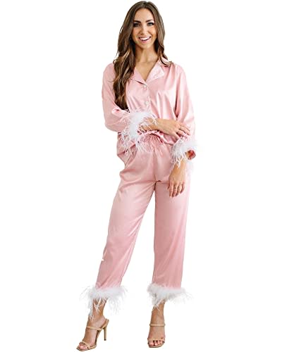 Belle's Design Women's Feather Trim Silk Satin Pajama Button Down Long Sleeve and Pants Set Sleepwear Loungewear S To XXL (Dusty Rose, Small)