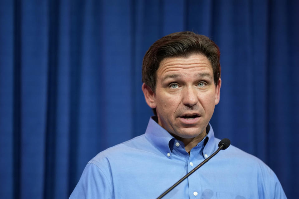 Florida Governor Ron DeSantis speaks during a fundraising picnic for U.S. Representative Randy Feenstra, R-Iowa, Saturday, May 13, 2023, at Sioux Center, Iowa.  (Credit: Charlie Neibergall, AP Photo)