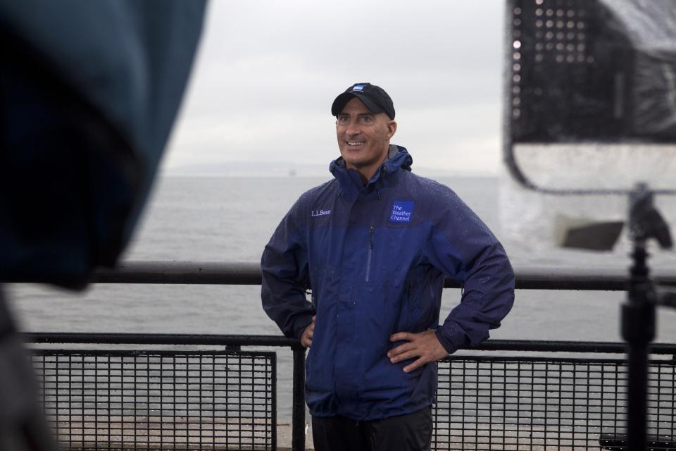 In this handout image provided by The Weather Channel, Jim Cantore reports on Hurricane Irene from Battery Park in New York City on Aug. 27, 2011.