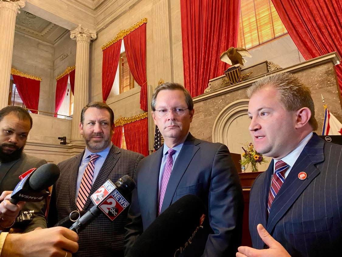 House Majority Caucus Chairman Jeremy Faison, R-Cosby, House Speaker Cameron Sexton, R-Crossville, and House Majority Leader William Lamberth, R-Portland, answer questions from the press inside the House Chamber of the Tennessee State Capitol on Feb. 1, 2024.