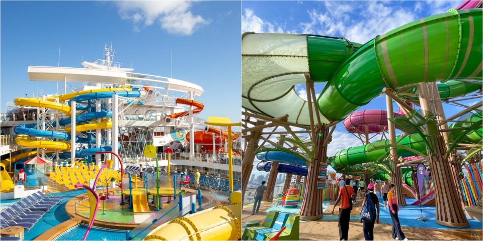 Die Wasserparks der Wonder of the Seas (links) und der Icon of the Seas (rechts). - Copyright: Brittany Chang/Business Insider