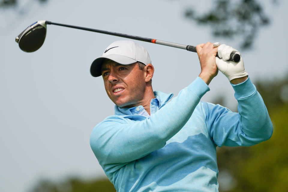 Rory McIlroy, of Northern Ireland, tees off during a practice round for the US Open Golf Championship, Wednesday, Sept. 16, 2020, in New York. (AP Photo/Charles Krupa)