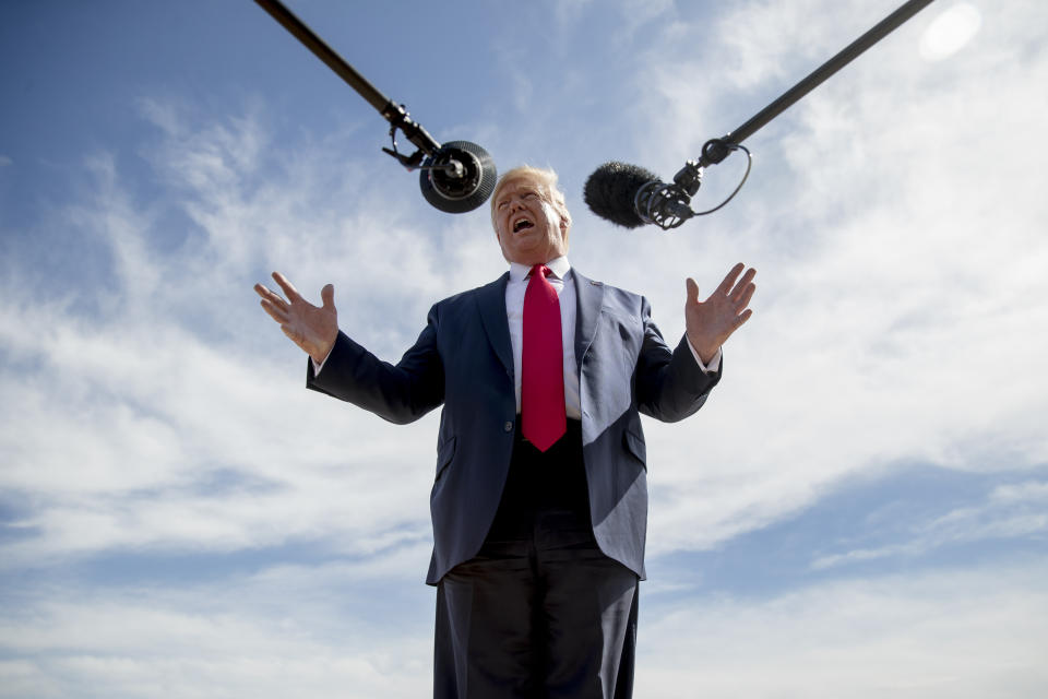 President Donald Trump speaks about Turkey as he arrives at Naval Air Station Joint Reserve Base in Fort Worth, Texas, Thursday, Oct. 17, 2019. (AP Photo/Andrew Harnik)