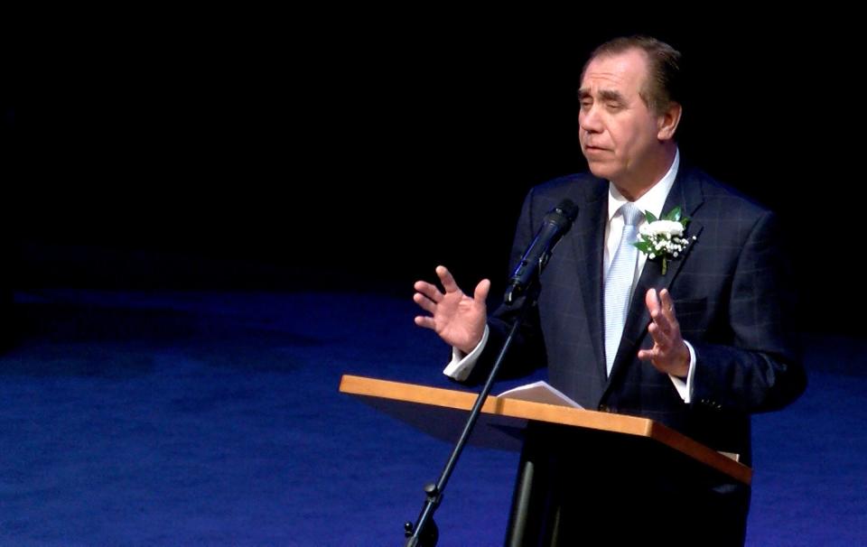 State Assembly Spreaker Craig Coughlin speaks during the memorial service for slain Sayreville Councilwoman Eunice Dwumfour at the Epic Church International in the town Wednesday evening, February 8, 2023.  