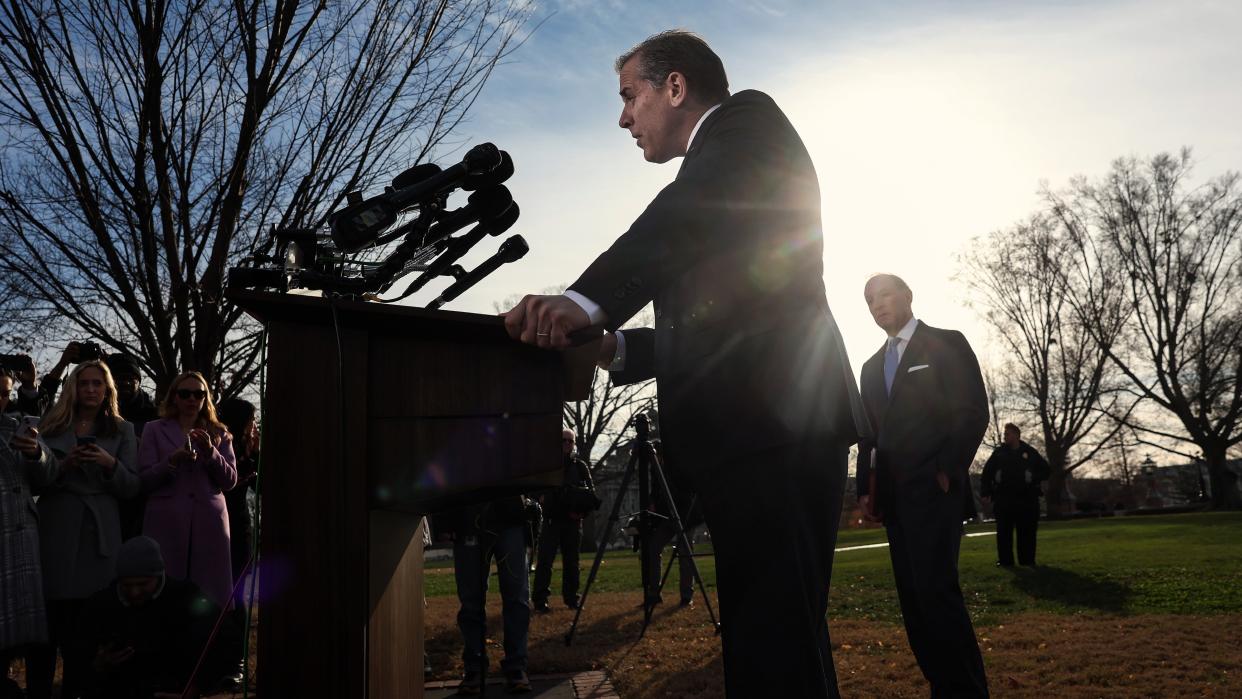  Hunter Biden talks to reporters outside the U.S. Capitol on December 13, 2023 in Washington, D.C. . 