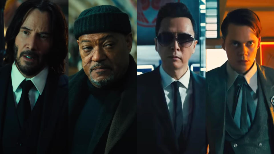 Keanu Reeves, Laurence Fishburne, Donnie Yen, and Bill Skarsgard in the John Wick: Chapter 4 trailers