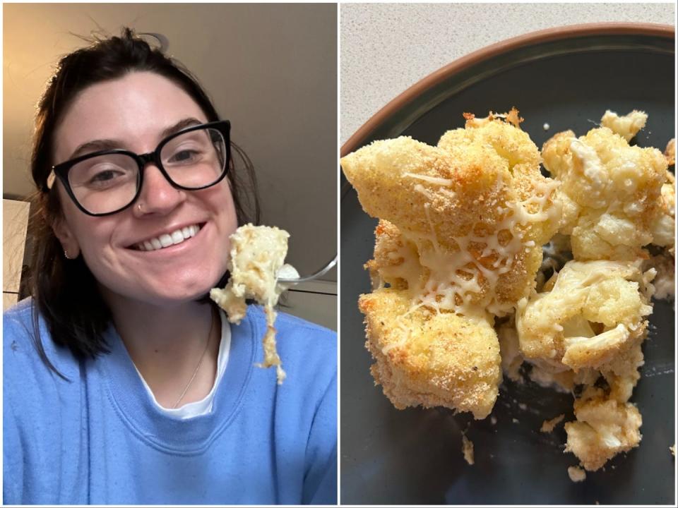 Insider's reporter (left); cauliflower gratin (right).