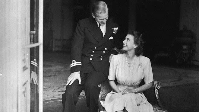 Princess Elizabeth (later Queen Elizabeth II) and her fiance, Philip Mountbatten at Buckingham Palace, after their engagement was announced, 10th July 1947.