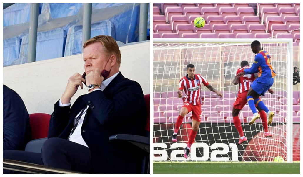 Ronald Koeman, sancionado, en la grada del Camp Nou, y Ousmane Dembélé rematando de cabeza en el partido frente al Atlético de Madrid. (Fuente: Getty Images)