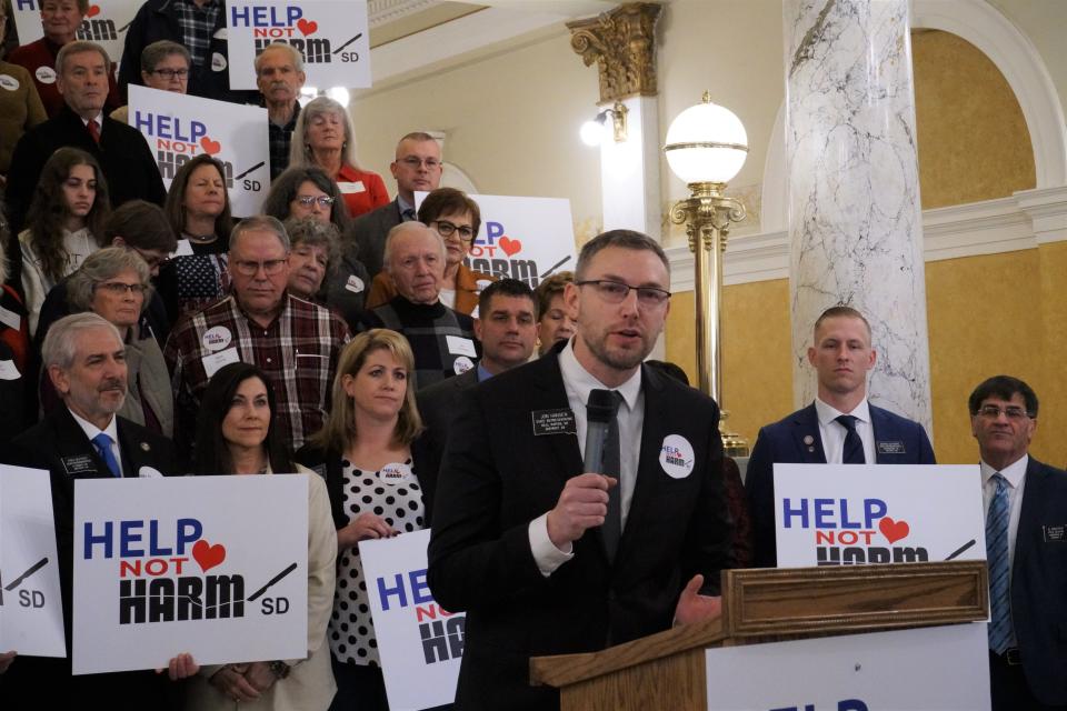 Rep. Jon Hansen, R-Dell Rapids, speaks about HB 1080, which would restrict gender affirming care for children at the Capitol Rotunda on Jan. 17, 2023.
