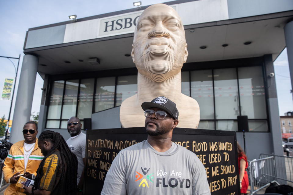 Terrence Floyd, brother of the late George Floyd who was killed by a police officer, attends the unveiling event for his brother's statue, as part of Juneteenth celebrations, in Brooklyn, New York, U.S., June 19, 2021. REUTERS/Jeenah Moon